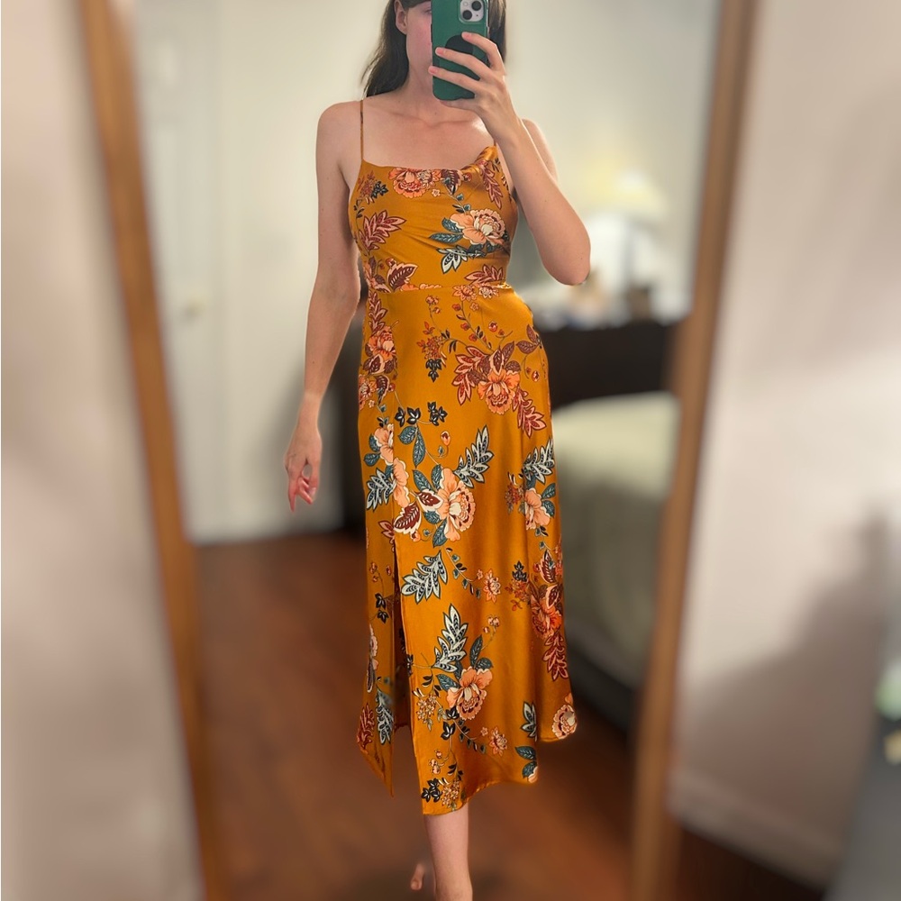Selfie Leslie Satin Orange Floral Midi Dress
